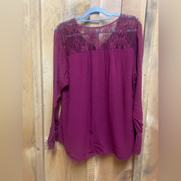 Maurices Burgundy Lace Yoke Long Sleeve Peasant Blouse Size 2 - Picture 2 of 9